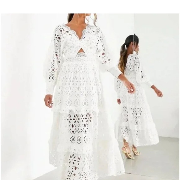 ASOS EDITION V - Neck Eyelet Midi Dress with puff sleeve in White Size 4 NWT - Picture 4 of 15